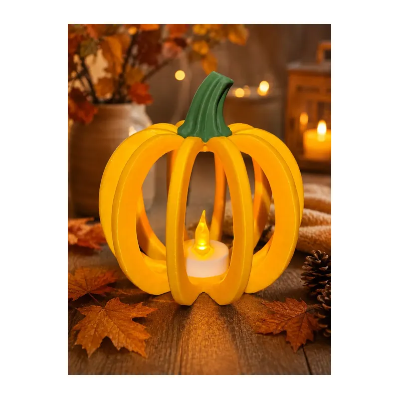 3D Baskı Delikli Balkabağı Fener Tealight Mumluk Sonbahar Cadılar Bayramı Dekoratif Şamdan Turuncu
