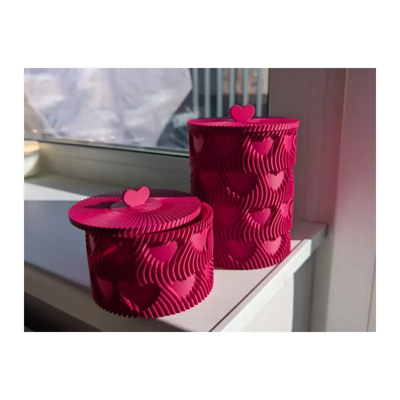3D Baskı Kalp Kapaklı Dekoratif Saklama Kutusu Takı Aksesuar Organizer Kavanoz Dalgalı Desen Fuşya