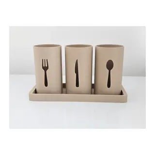 3D Baskı 3 Bölmeli Çatal Kaşık Bıçak Standı Tepsili Süzdürmeli Mutfak Masası Sofra Düzenleyici Bej