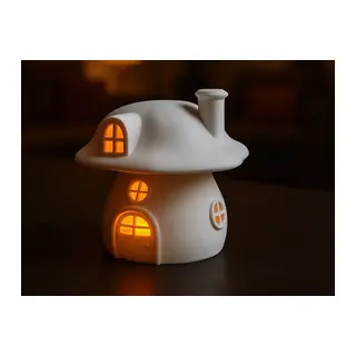 3D Baskı Mantar Ev Tealight Mumluk Bacalı Pencereli Dekoratif Gece Lambası Çocuk Odası Süsü Beyaz