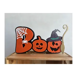 3D Baskı Boo Yazılı Halloween Masa Süsü Örümcek Ağı Balkabağı Detaylı Cadılar Bayramı Dekoru Turuncu Siyah