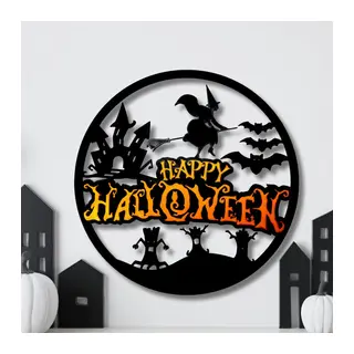 3D Baskı Happy Halloween Yuvarlak Duvar Panosu Cadı Şato Yarasa Silüetli Kapı Süsü Duvar Dekoru Siyah