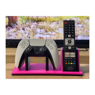 3D Baskı Oyun Kolu ve TV Kumanda Standı Çift Bölmeli Masaüstü Kumanda Tutucu Organizer - Pembe