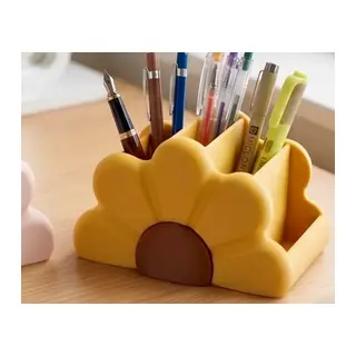 3D Baskı Çiçek Formlu Masaüstü Organizer Makyaj Fırçalığı ve Kalemlik Papatya Desenli Bölmeli - Sarı