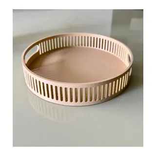 3D Baskı Ratan Görünümlü Yuvarlak Dekoratif Tepsi Delikli Kenarlı Servis ve Sunum Tepsisi Kulplu Bej