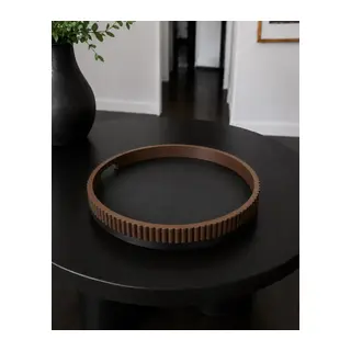 3D Baskı Kulplu Yuvarlak Çizgili Tepsi İki Renkli Servis ve Sehpa Tepsisi Kahverengi Siyah