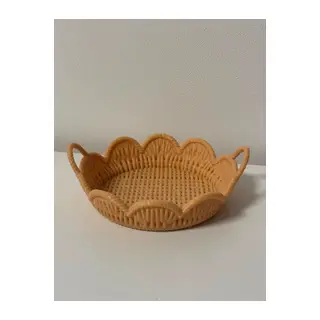 3D Baskı Hasır Görünümlü Yuvarlak Sepet Tepsi Kulplu Ratan Desenli Dekoratif Sunum Tepsisi Bej 22*20cm