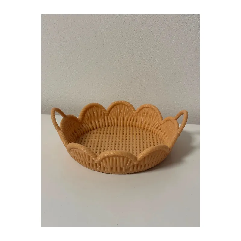 3D Baskı Hasır Görünümlü Yuvarlak Sepet Tepsi Kulplu Ratan Desenli Dekoratif Sunum Tepsisi Bej 22*20cm