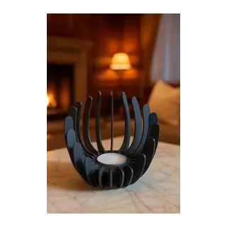 3D Baskı Nilüfer Çiçeği Formlu Mumluk Tealight Mum Tutucu Yapıştırıcısız Geçmeli Dekoratif Mumluk Siyah