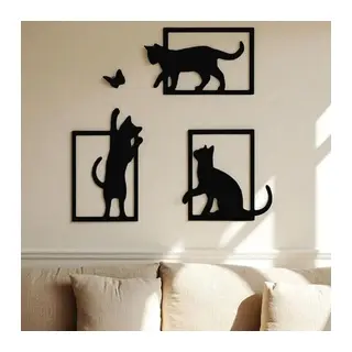 3D Baskı Kedi ve Kelebek Duvar Dekoru 3'lü Set Siyah Kedi Silüeti Duvar Süsü