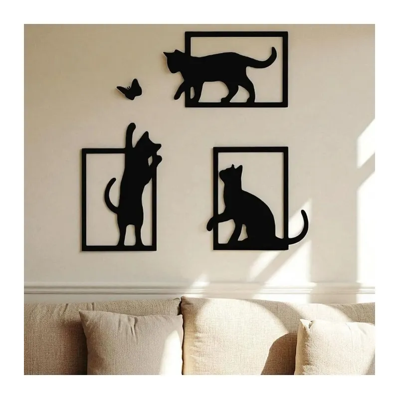 3D Baskı Kedi ve Kelebek Duvar Dekoru 3'lü Set Siyah Kedi Silüeti Duvar Süsü
