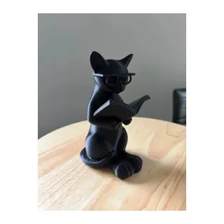 3D Baskı Gözlüklü Kitap Okuyan Kedi Figürü Masaüstü Dekoratif Kedi Heykeli Siyah