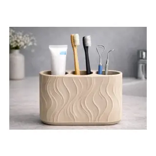 3D Baskı Üç Bölmeli Diş Fırçalık Dalga Desenli Banyo Organizeri Minimalist Diş Fırçası Tutucu Bej