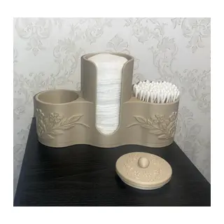 3D Baskı Makyaj Pamuğu ve Kulak Çubuğu Tutucu Çiçek Desenli Kapaklı Banyo Organizeri Bej