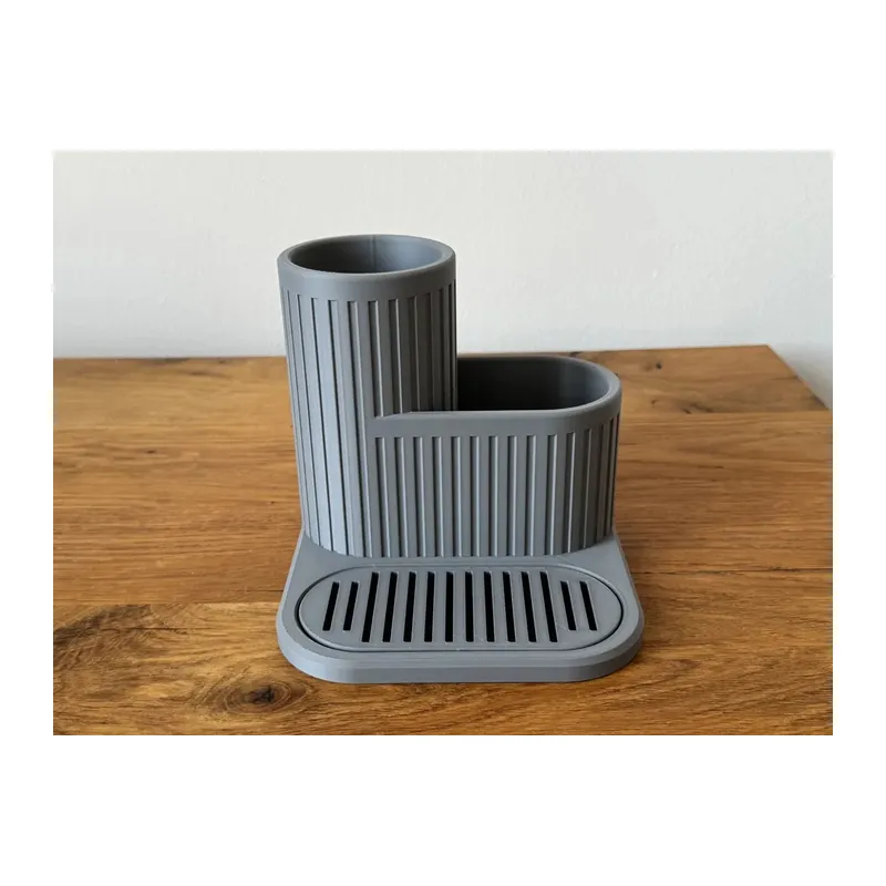 3D Baskı Çizgili Lavabo Düzenleyici Süzdürmeli Tepsili Bulaşık Fırçası ve Sünger Tutucu Kompakt Lavabo - Gri