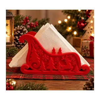 3D Baskı Noel Kızağı Formlu Yılbaşı Peçetelik Dekoratif Yeni Yıl Sofra Peçete Tutucu Kırmızı