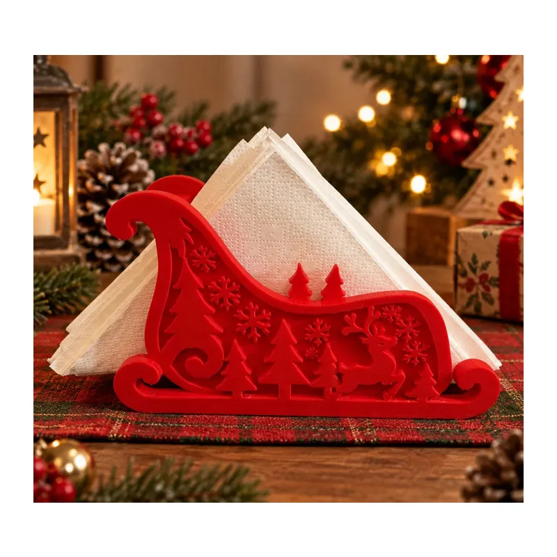 3D Baskı Noel Kızağı Formlu Yılbaşı Peçetelik Dekoratif Yeni Yıl Sofra Peçete Tutucu Kırmızı
