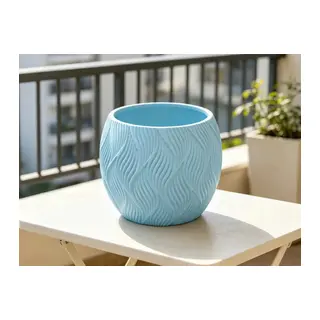 3D Baskı Yapraklı Desenli Yuvarlak Saksı Tepsili Süzdürmeli Bitki Saksısı 15 cm Dekoratif Çiçek - Mavi
