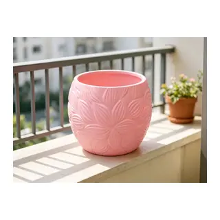 3D Baskı Yapraklı Desenli Yuvarlak Saksı Tepsili Süzdürmeli Bitki Saksısı 15 cm Dekoratif Çiçek - Pembe