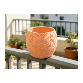 3D Baskı Yapraklı Desenli Yuvarlak Saksı Tepsili Süzdürmeli Bitki Saksısı 15 cm Dekoratif Çiçek - Turuncu