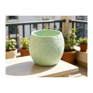 3D Baskı Yapraklı Desenli Yuvarlak Saksı Tepsili Süzdürmeli Bitki Saksısı 15 cm Dekoratif Çiçek - Yeşil