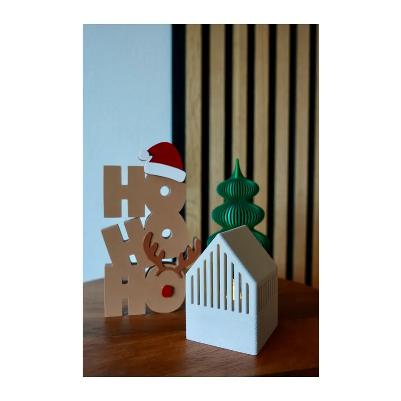 3D Baskı Ho Ho Ho Yazılı Noel Baba Şapkalı Ren Geyikli Dekoratif Yılbaşı Kelime Süsü