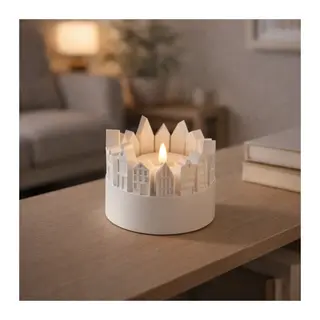 3D Baskı Şehir Silüetli Tealight Mumluk Işık Efektli Dekoratif Mum Tutucu
