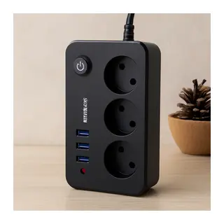Anahtarlı Termal Korumalı 3'lü Priz + 3xUSB 2.1A 2m Uzatma Kablosu Siyah