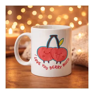 I Love You Berry Much Tasarımlı Kupa Model 12 Sevimli Kiraz Desenli Porselen Kahve Kupası - Hediye Fincanı