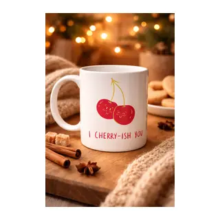 Model 26 – I Cherry-Ish You Yazılı Sevimli Kiraz Tasarımlı Porselen Kupa - Aşk Dolu Hediye Fikri