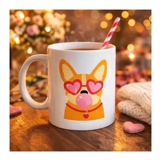 Sevimli Corgi Desenli Porselen Kupa Model 44 – Kalpli Gözlüklü Köpek Tasarımlı, Eğlenceli & Hediye Fikri
