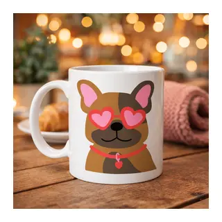 Sevimli French Bulldog Desenli Porselen Kupa Model 48 – Kalpli Gözlüklü Köpek Tasarımı, Hediye Kupa, Kahve & Çay Kupası