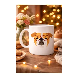 Kalpli Gözlüklü İngiliz Bulldog Tasarımlı Porselen Kupa Model 52 – Sevimli Köpek Desenli Kahve & Çay Kupası