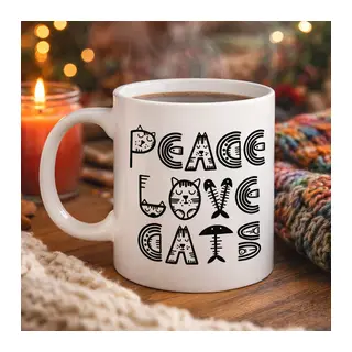 Peace Love Cats – Sevimli Kedi Desenli Porselen Kupa MODEL 60 Kahve & Çay Kupası