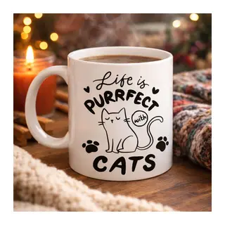 Life is Purrfect with Cats – Kedi Desenli Porselen Kupa MODEL 62 Sevimli Kedi Figürlü Kahve Kupası