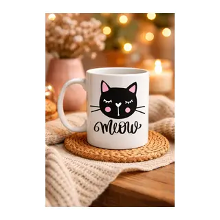Sevimli Kedi Desenli Porselen Kupa MODEL 63 – “Meow” Yazılı Kahve & Çay Keyfi İçin Tatlı Tasarım