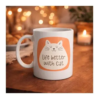 Life Better With Cat – Sevimli Kedi Tasarımlı Porselen Kupa MODEL 65 Kahve & Çay Kupası Hediyelik Kupa