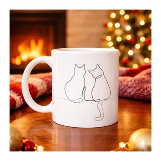 Minimal Çizim İki Kedi Desenli Porselen Kupa MODEL 77 – Sevgi Temalı Şık Tasarım, Kahve & Çay Kupası