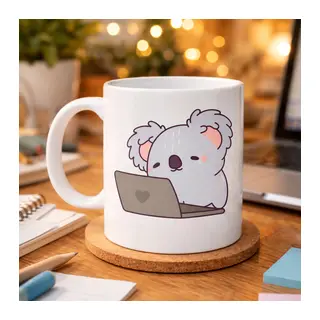 Laptoplu Koala Desenli Porselen Kupa MODEL 111 – Sevimli Ofis Kupası, Çalışanlara Özel Tatlı Hediye