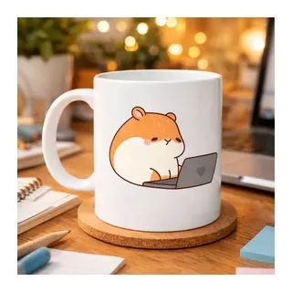 Laptoplu Hamster Desenli Porselen Kupa MODEL 112 – Sevimli Çalışkan Hamster Tasarımlı Kahve Kupası, Ofis & Ev İçin Tatlı Hediye