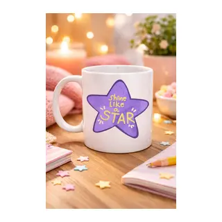Shine Like a Star – Motivasyon Mesajlı Mor Yıldız Tasarımlı Porselen Kupa MODEL 122, Günlük Kullanım & Hediye Kupası