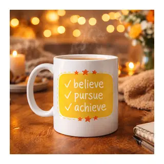 Believe Pursue Achieve Yazılı Porselen Kupa MODEL 124 – Motive Edici Tasarım, İlham Veren Kahve & Çay Kupası, Özel Hediye