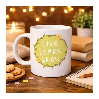 Live Learn Grow Motivasyon Kupası MODEL 133 – YAŞA, ÖĞREN, GELİŞ İlham Veren Tasarım, Porselen Kupa, Pozitif Mesajlı Kahve & Çay Kupası