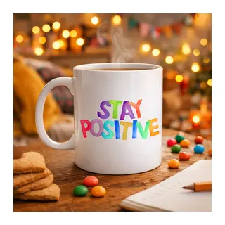 Stay Positive Baskılı Porselen Kupa MODEL 158 – Renkli Motivasyon Yazılı Kahve Kupası – Pozitif Mesajlı Hediye Kupa