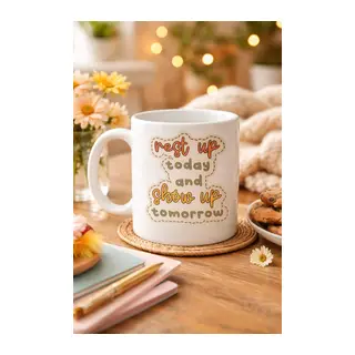 Motivasyon Mesajlı Porselen Kupa MODEL 146 – “Rest Up Today, Show Up Tomorrow” Yazılı – Kahve & Çay Kupası – Hediye Fikri