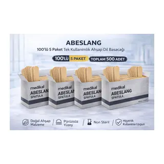 Abeslang 100'lü 5 Paket Tek Kullanımlık Ahşap Dil Basacağı Non Steril Medikal Spatula Toplam 500 Adet