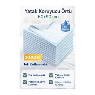 Yatak Koruyucu Örtü 60x90 cm 30 Adet Tek Kullanımlık Sıvı Geçirmez Hasta Altı Bezi