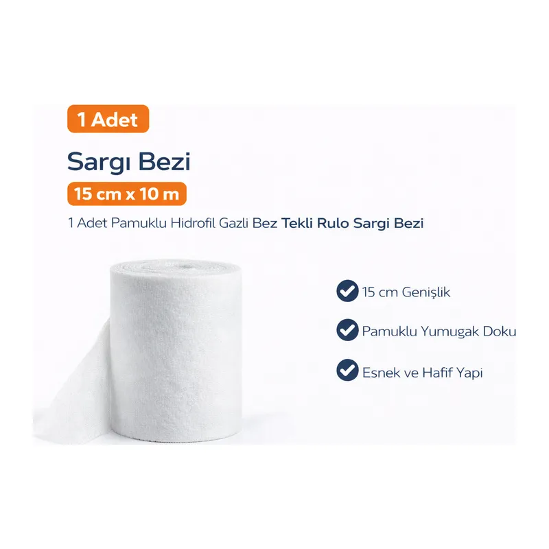 Sargı Bezi 15 cm x 10 m 1 Adet Pamuklu Hidrofil Gazlı Bez Tekli Rulo Sargı Bezi