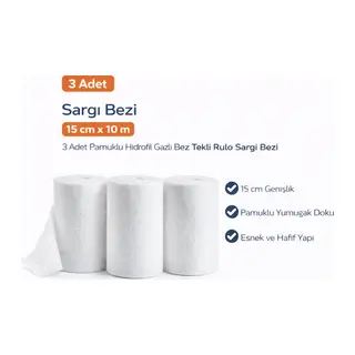 Sargı Bezi 15 cm x 10 m 3 Adet Pamuklu Hidrofil Gazlı Bez Rulo Sargı Bezi Seti