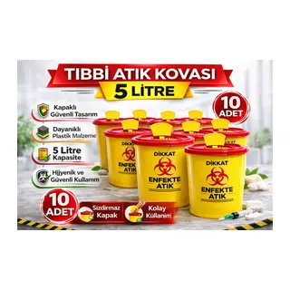 Tıbbi Atık Kovası 5 Litre 10 Adet Kapaklı Tıbbi Atık Kutusu Enfekte Atık Kovası
